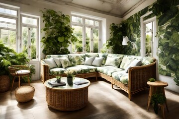 a sunny conservatory with a botanical print sofa, a wicker coffee table, and a lush greenery wall.