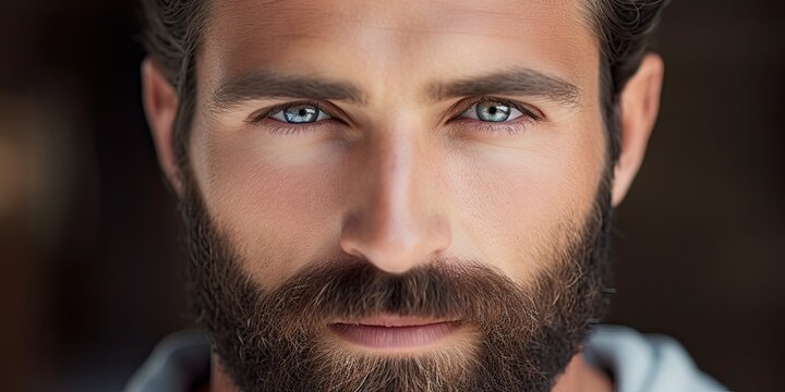 Close up image of a neatly groomed male with a strong beard looking directly into the camera with blue eyes copy space