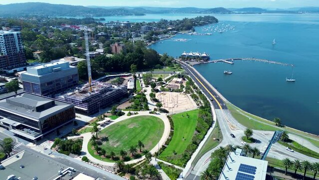 Drone aerial park crane construction waterfront foreshore Drifters Wharf Brisbane Water Gosford city travel tourism Central Coast Australia 4K