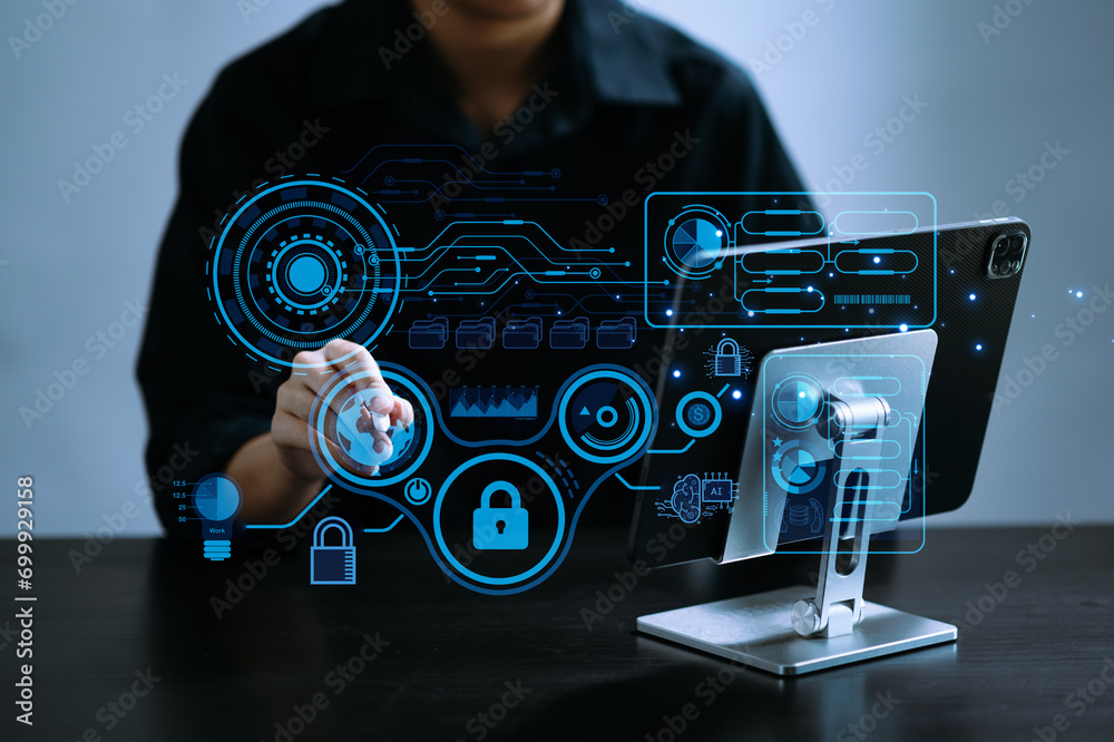 Wall mural cyber security data protection business working on compute intelligenc digital tablet global network