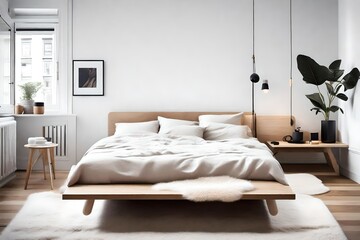A Scandinavian-designed bedroom with a simple platform bed, a sheepskin throw, and a minimalist nightstand.  