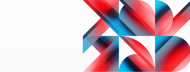 Vibrant color triangles and circles on white background intertwine to create captivating and harmoniously balanced composition for digital designs, presentations, website banners, social media posts