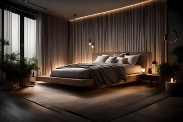 A softly lit bedroom with a platform bed, ambient bedside lamps, and sheer curtains, creating a dreamy and minimalist haven for restful nights. 