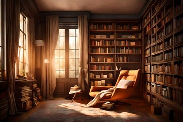 A sunlit reading nook with a solitary armchair and a floor-to-ceiling bookshelf, adorned with warm-hued books and soft blankets, casting a cozy ambiance. - obrazy, fototapety, plakaty