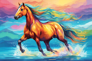 a horse running on the water art painting