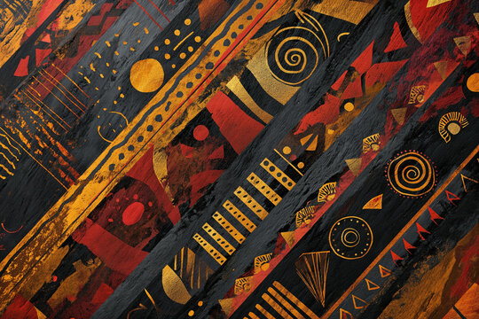 Image displays African tribal patterns in red, gold, and black, fitting for Black History Month.