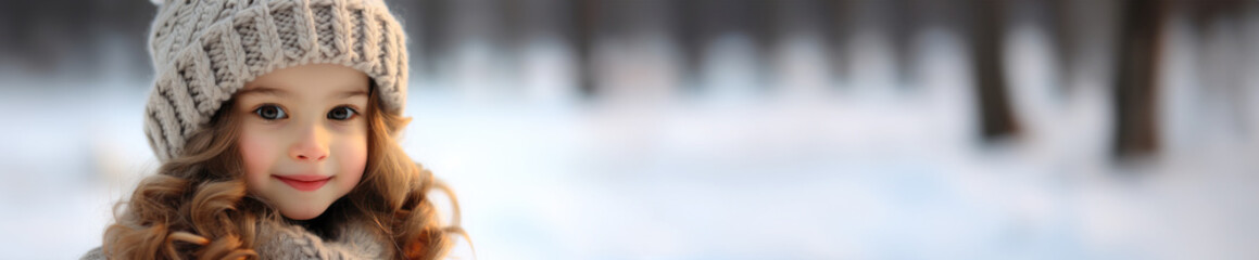 A little girl in a hat on the background of a winter landscape.