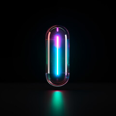 1 glowing holographic pill supplement, minimal, black background, glowing. 