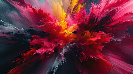 Dynamic Explosion of Vibrant Colors in Abstract Art Painting with Bold Reds, Pinks, Yellows, and Dark Contrasts Creating a Sense of Movement
