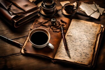 A close-up of a well-worn leather journal, opened to reveal handwritten notes, accompanied by a vintage pen and a steaming cup of coffee on a wooden desk. - obrazy, fototapety, plakaty