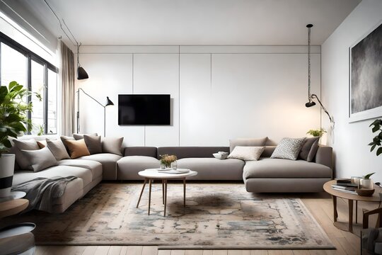 A small but cozy living room with a modular sofa, a statement rug, and a wall-mounted TV, exuding simplicity and comfort in a compact space.