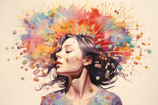 woman with colorful explosion, pills, watercolor clip art preview
