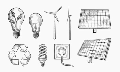 Alternative eco and renewable energy sources. Vector hand drawn sketch illustrations. Wind generator and solar battery symbol isolated on white background. - obrazy, fototapety, plakaty
