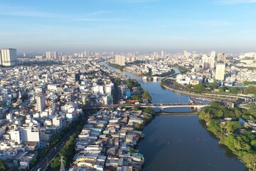 Ho chi minh City, Vietnam - Dec 13, 2023 4k aerial view of District 8 skyline look from District 4...