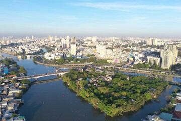 Ho chi minh City, Vietnam - Dec 13, 2023 4k aerial view of District 4 skyline during early morning