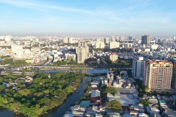 defaultHo chi minh City, Vietnam - Dec 13, 2023 4k aerial view of District 1 skyline look from District 4 during early morning