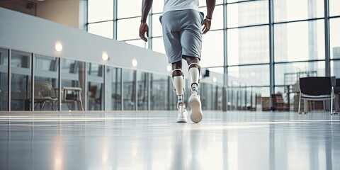 Close-up of the legs of a disabled African American man with prosthetic legs exercising in a large...