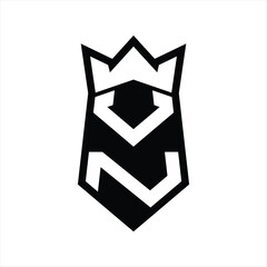VN Letter Logo monogram hexagon shield shape up and down with crown isolated style design