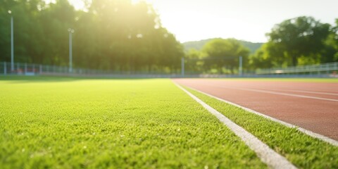 Close-up of the running track on the playground with green lawn beside it, the playground visible in the background. 