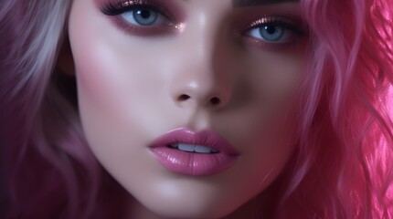 Fototapeta premium Fashion editorial Concept. Closeup portrait of stunning pretty woman with chiseled features, pink makeup
