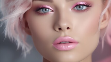 Fashion editorial Concept. Closeup portrait of stunning pretty woman with chiseled features, pink makeup - obrazy, fototapety, plakaty