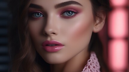Fototapeta na wymiar Fashion editorial Concept. Closeup portrait of stunning pretty woman with chiseled features, pink makeup