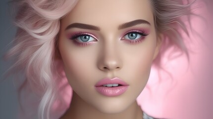 Naklejka premium Fashion editorial Concept. Closeup portrait of stunning pretty woman with chiseled features, pink makeup