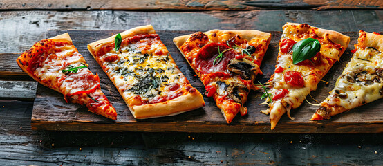 Pieces of pizza of different various types on old retro boards banner concept - Powered by Adobe