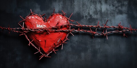 Red heart is wrapped in barbed wire, dark background concrete copy space 