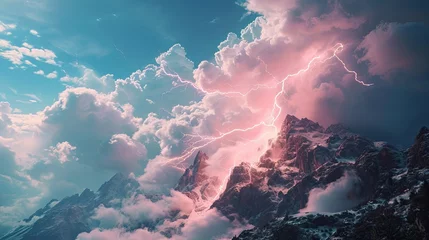 Fotobehang Lichtroze Pink lightning over snowy mountains