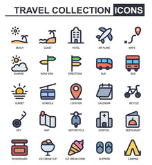 travel icon collection.lineal color style.camping,transportation,bus,motorcycle,scooter,hospital,restaurant,menu,ice cream,sunset,sunrise.editable stroke vector.