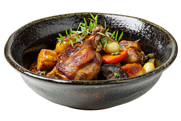 Coq au Vin , black bowl, transparent background, isolated image, generative AI
