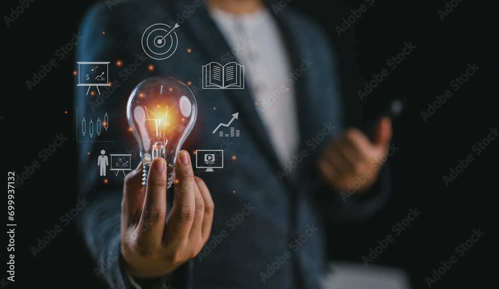 Poster hand holding light bulb, global internet connection. business global internet connection application