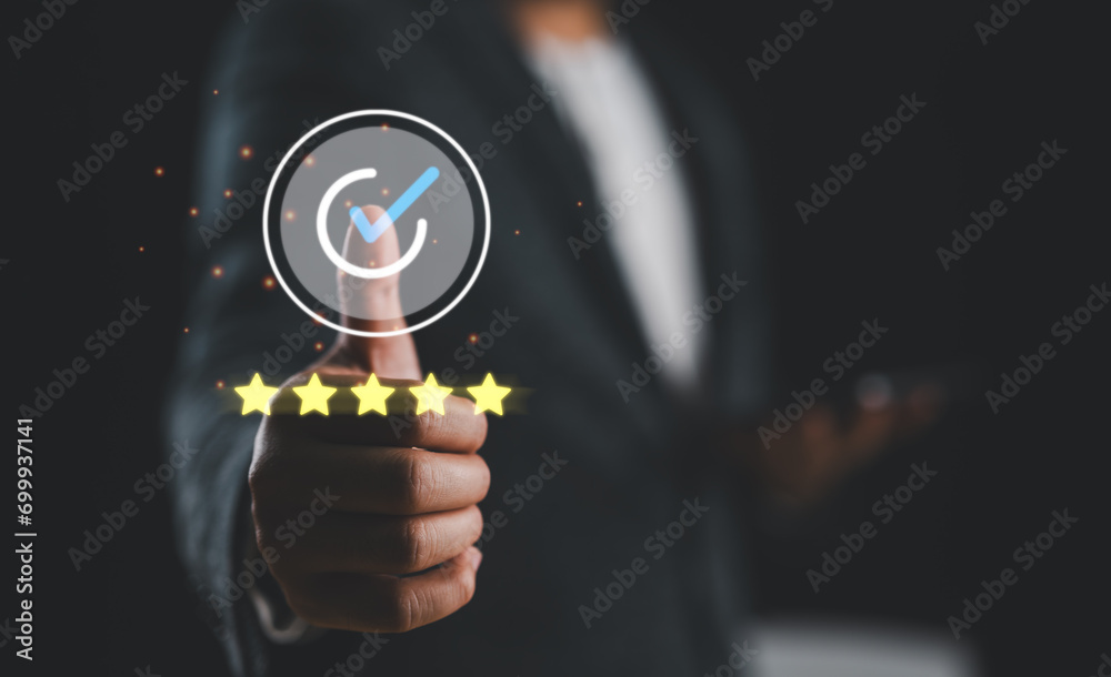 Aufkleber hand thumb up with the sign of the top service quality assurance, guarantee, standards, iso certific