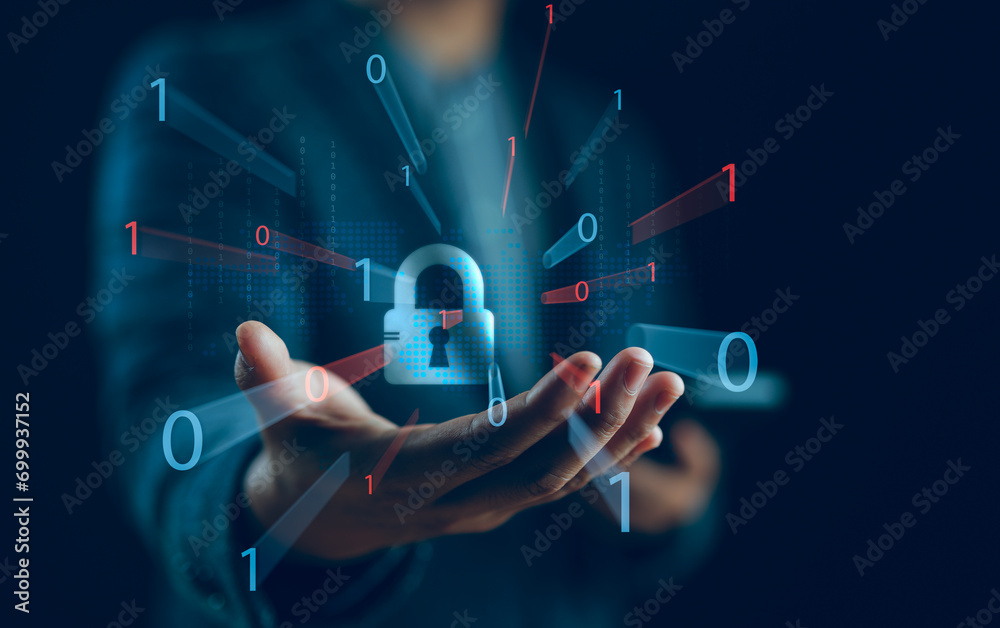 Poster Cybersecurity concept, user privacy security and encryption, secure internet access Future technology and cybernetics, screen padlock. Internet network data protection, anti hacker, cybercrime