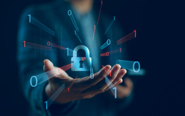 Cybersecurity concept, user privacy security and encryption, secure internet access Future technology and cybernetics, screen padlock. Internet network data protection, anti hacker, cybercrime