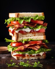 A mouthwatering picture captures a classic white bread club sandwich, stacked high with layers of crispy bacon, juicy tomato slices, crisp lettuce leaves, and a generous slathering of mayonnaise,