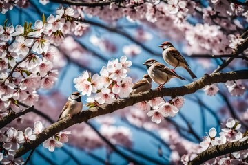 Cherry blossoms and sparrows in Shinjuku-ku, Toky