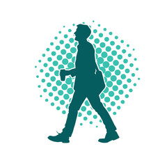 Silhouette of a casual office worker carrying takeaway coffee cup while walking