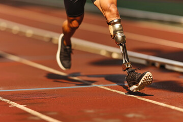 Athlete with Prosthetic Leg Sprinting on Track.