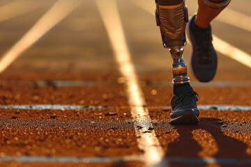 Prosthetic Leg of an Athlete on Running Track.