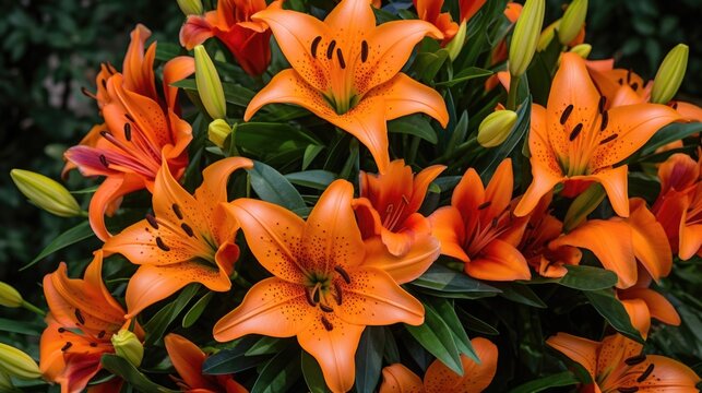 A spray of orange lilies with bold, tetshaped blooms and dark green foliage, providing a striking contrast in the bouquet.