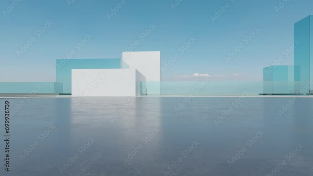 Poster 3d render of abstract futuristic glass architecture with empty concrete floor.