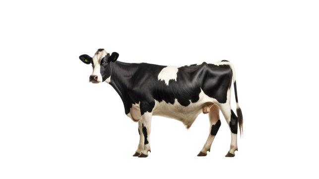 Cow white black bent eat on field in farm isolated on transparent and white background.PNG image.	