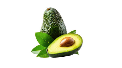 Green Avocado with cut in half and leaves isolated on transparent and white background.PNG image.