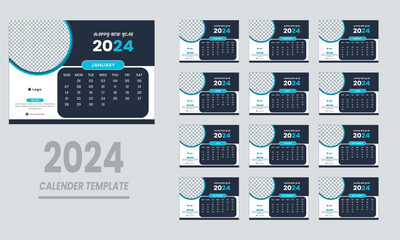 Wall & Desk Calendar 2024 week starts Monday corporate design template vector.