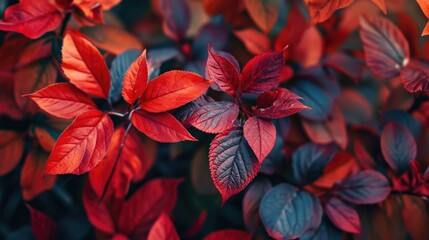 background of lush red leaves on trees for wallpaper, live red foliage texture