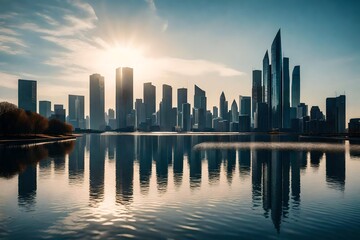 The reflection of a city skyline in a still lake.