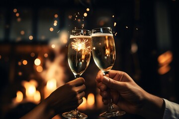 Two hands holding champagne glasses with sparklers over bokeh lights background