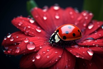 A ladybug sitting on a red flower on blurred background